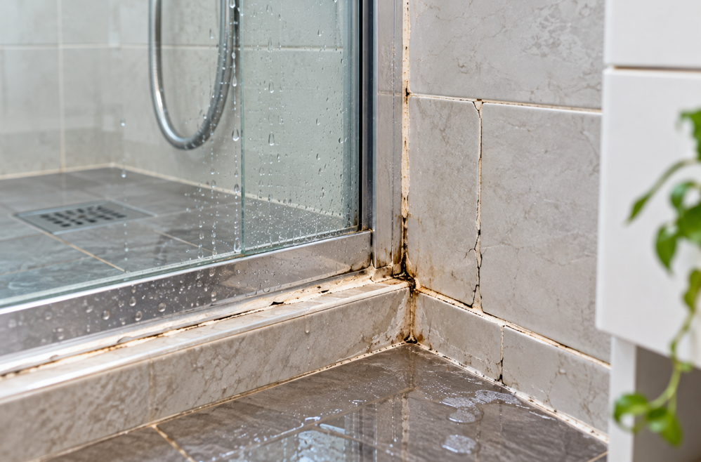 Cracked grout and deteriorated shower seals showing possible signs of a leaking shower
